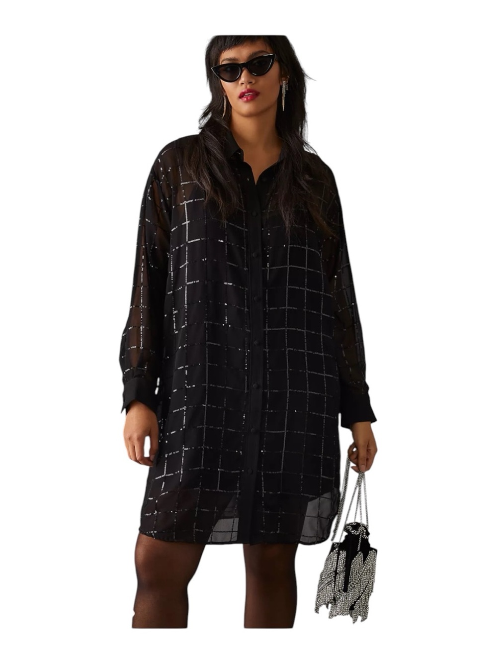 Rinku Dalamal for Anthropologie Sheer Shirt Dress Sequin Grid Black Size 3X